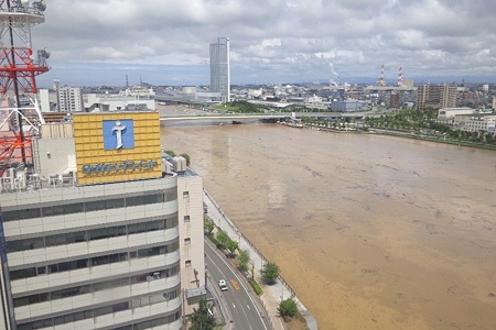 水害で水が茶色い信濃川と柳都大橋